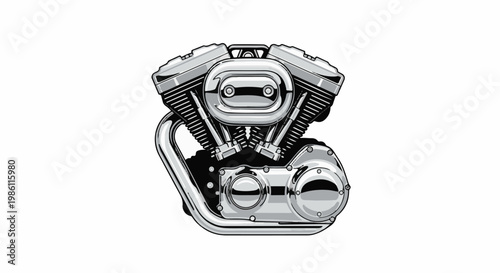 Detailed V-twin engine illustration, chrome accents, mechanical