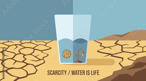 Scarcity and Life: A visual representation contrasting the parched earth with the life-giving essence of water, symbolized in a glass, illustrating the critical importance of this precious resource.