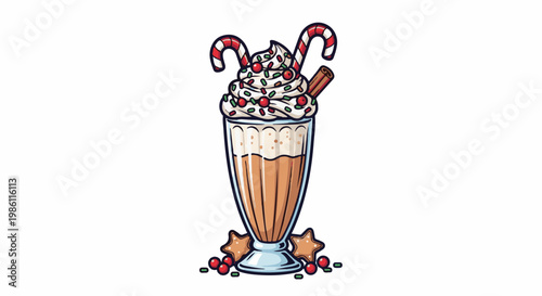 Festive beverage with whipped cream, candy canes, cinnamon stick, cookies and berries