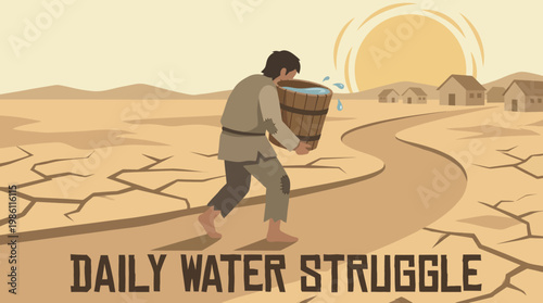 Daily Water Struggle: A solitary figure trudges through a parched landscape, a vessel of precious water clutched in their hands.