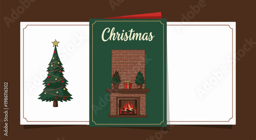 Festive Christmas card with decorated tree, fireplace, gifts