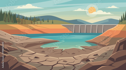 Dam Landscape: Scenic view showcasing a massive dam amidst a stunning natural setting. A serene lake contrasts with the solid structure, creating a beautiful blend of man-made and natural features.