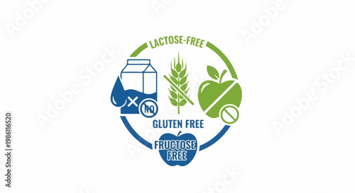 Dietary icons lactose-free, gluten-free, fructose-free, for healthy choices