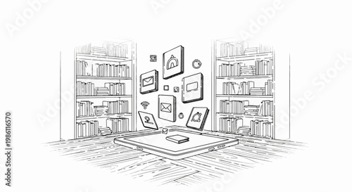 Digital books and icons float above a tablet in a sketched library setting