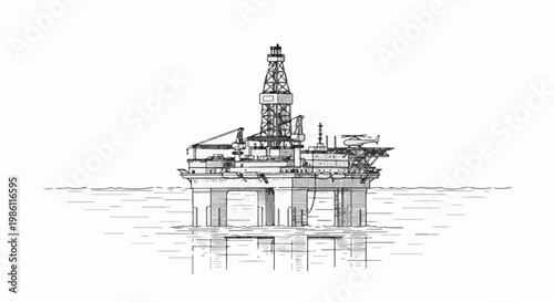 Detailed black and white sketch of an offshore oil rig with a helicopter on deck