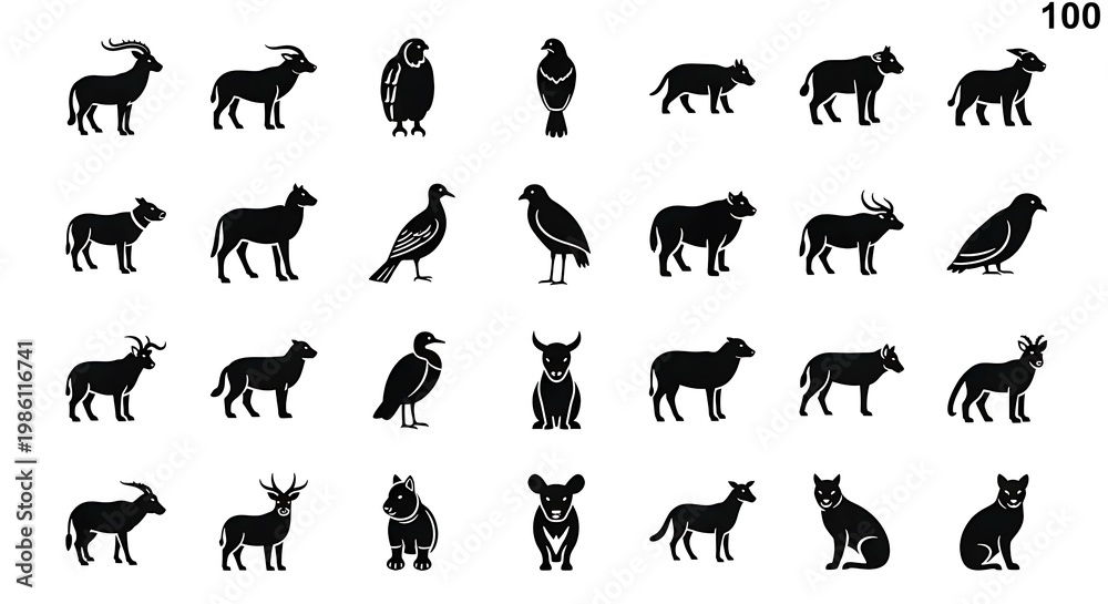 Fototapeta premium A diverse collection of black silhouettes of various animals and birds. isolated on white background