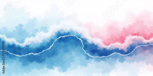 Abstract watercolor painting of a bright blue sky with fluffy white clouds and soft light creating an ethereal summer cloudscape view of freedom in the clear atmosphere