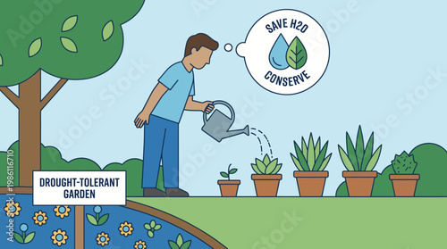 Conserving Water for a Thriving Garden: A person tends to a garden of drought-tolerant plants, representing sustainable practices and environmental consciousness.
