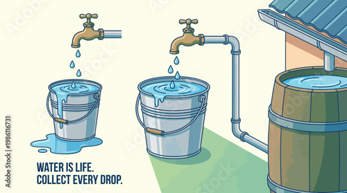 Conserve Water: Depicts the simple but powerful message of water conservation, showing rain water collected in a barrel while water is driping to bucket. the importance of collect and reuse it.
