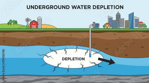 Underground Water Depletion: An illustration depicts the impact of water depletion beneath the earth's surface. A critical exploration of the environment