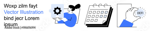 Business planning, technology innovation, cryptocurrency, decentralized finance, workflow management, token economy. Woman holding gear, calendar and hand with defi coin. Technology innovation