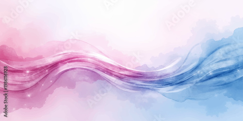 Abstract colorful background with smooth flowing pink and purple waves, creating a vibrant motion texture with light blue lines and a curved vector design backdrop