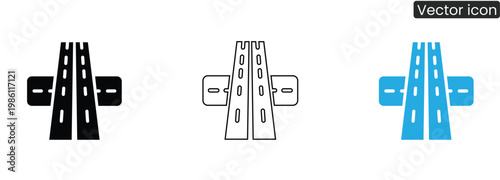 Three highway interchange icons in black, Line art, And blue on white background