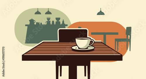 Cozy cafe scene with a cup of coffee on a wooden table