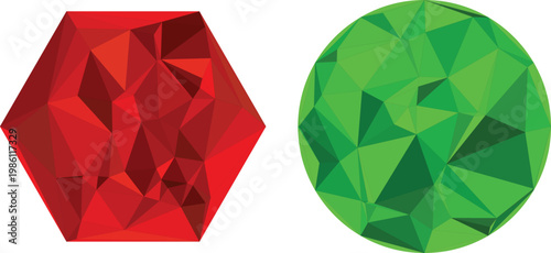 A vibrant red hexagon and a bright green circle both featuring a modern low poly geometric design isolated on white background