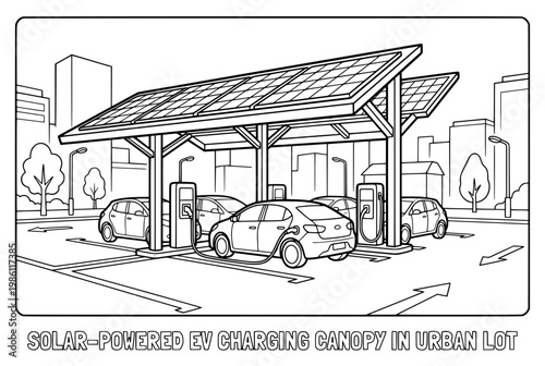 Solar powered ev charging station under canopy in urban parking lot.