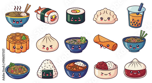 Kawaii Asian Food Sticker Set, Cute Chibi Characters of Ramen Sushi Mooncake and Japanese Curry, Delicious Oriental Cuisine Vector Illustration.