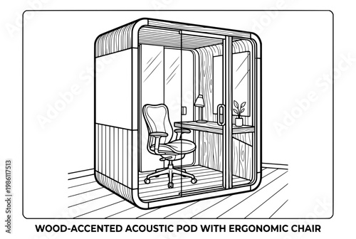 Wood accented acoustic pod with ergonomic chair for private workspace.