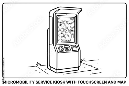 Micromobility Service Kiosk with Touchscreen and Map.