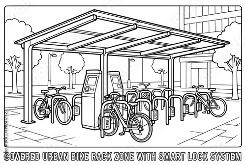 Bike sharing docking station with multiple bicycles.