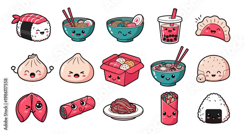 Kawaii Asian Food Sticker Pack, Cute Chibi Characters of Sushi Ramen Dim Sum and Boba Tea, Japanese and Chinese Cuisine Vector Illustration.