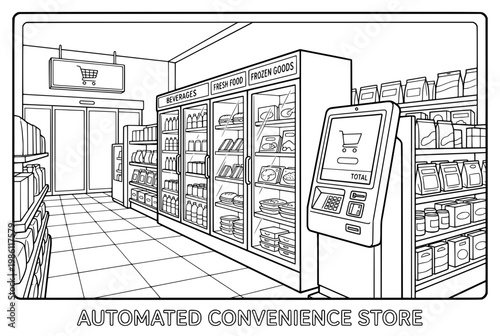 Automated Convenience Store Interior With Self Service Vending Machines.