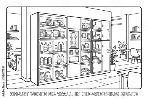 Store shelves with product displays in retail interior.