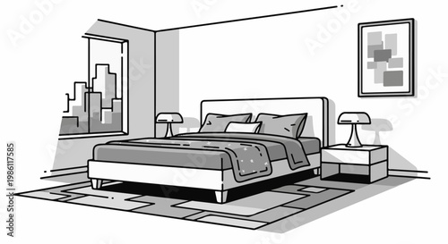 Cozy bedroom scene with large bed, side tables, lamps, and city view window
