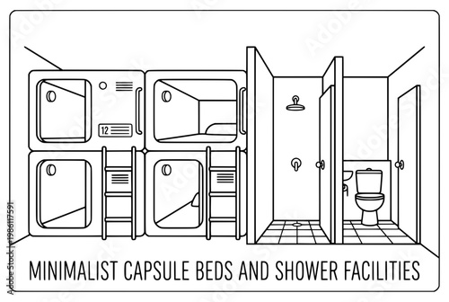 Minimalist Capsule Beds and Shower Facilities in Modern Hostel.