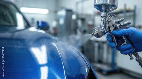 Spray gun painting blue car surface