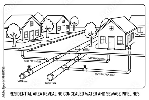 Residential Area Revealing Concealed Water and Sewage Pipelines Diagram.
