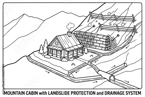 Illustration of a Mountain Cabin with Landslide Protection and Drainage System.