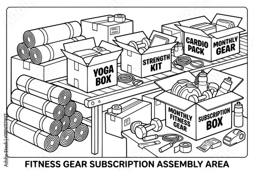 Fitness Gear Subscription Boxes and Exercise Equipment Assembly Area.