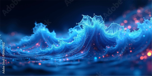 An abstract blue Christmas tree design glows like a winter wave against the dark night sky, blending star energy and water patterns into a vector holiday wallpaper