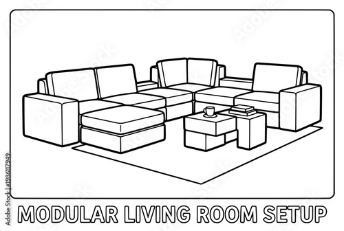 Modern Modular Living Room Furniture Arrangement with Coffee Table and Rug.