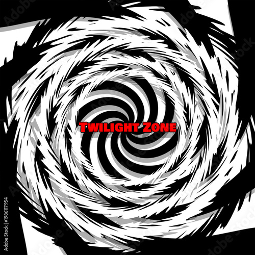 A jagged psychedelic portal into the surreal Twilight dimension with bold crimson typography and spiraling geometric distortion. Twilight Zone Day, May 11th