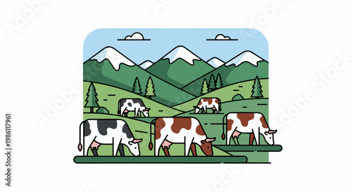 Cows grazing on a lush green hillside with snow-capped mountains in the background