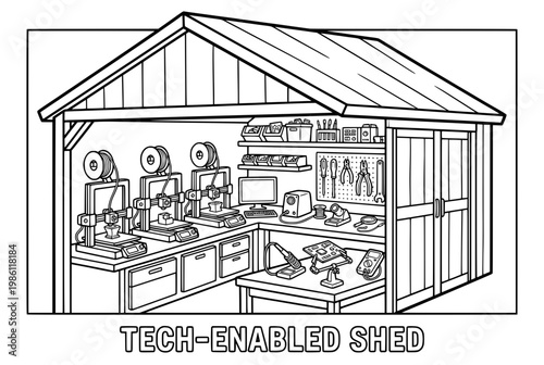 Detailed illustration of a techenabled shed with 3D printers and tools.