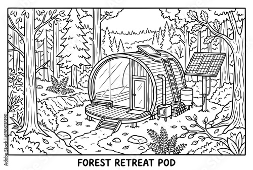 Modern Forest Retreat Pod with Solar Panels and Ladder.