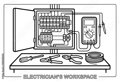 Electrical Panel and Tools A Detailed Illustration of Electrical Components.