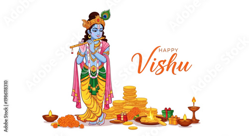 A vibrant vector illustration showcases the Happy Vishu celebration, featuring a depiction of Krishna playing the flute amid a pile of gold coins and traditional oil lamps on a clean white