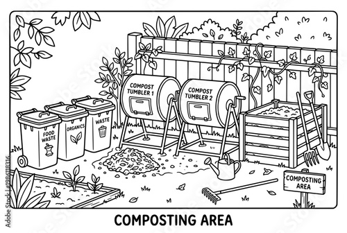Composting Area Detailed Illustration of Compost Tumblers and Bins.