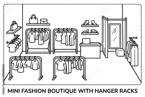 Mini Fashion Boutique Interior with Clothing Racks and Apparel Display.