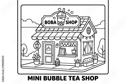 Miniature Bubble Tea Shop Illustration with Detailed Facade and Signage.