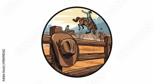 Cowboy hat foreground, horses bucking with riders in rodeo arena background