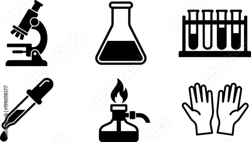 Black and white laboratory equipment icons including microscope flask test tubes gloves and burner