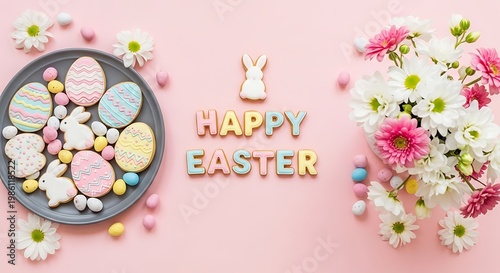 Colorful Easter cookies and candies on a plate with Happy Easter message and flowers