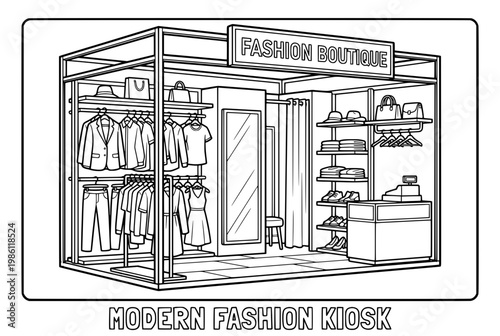 Modern Fashion Boutique Kiosk Displaying Stylish Clothing and Accessories for Sale.