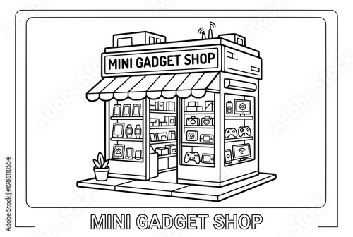 Mini Gadget Shop A Detailed Black and White Illustration.