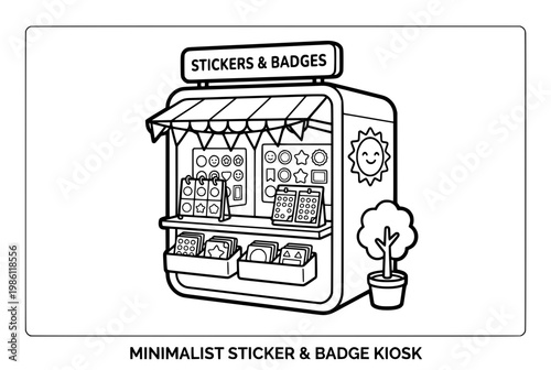 Minimalist Sticker and Badge Kiosk Displaying Various Products for Sale.